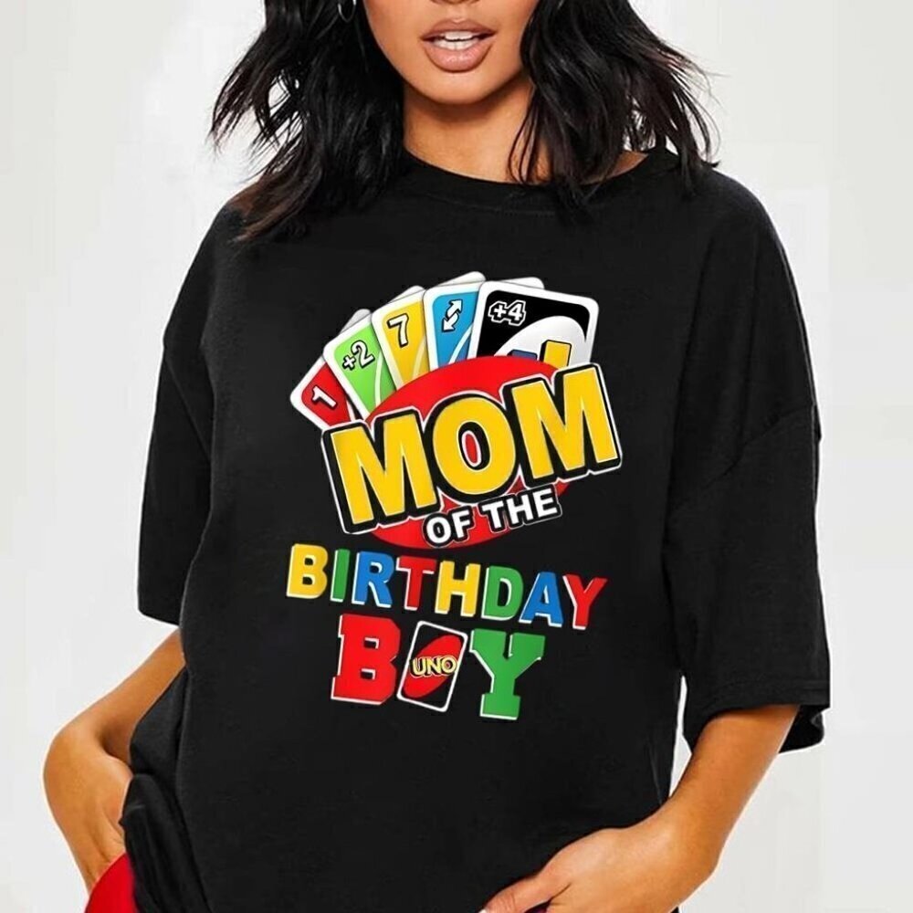 Mom Of The Birthday Boy Uno Mommy Matching Family Party Graphic Art Gift T-Shirt